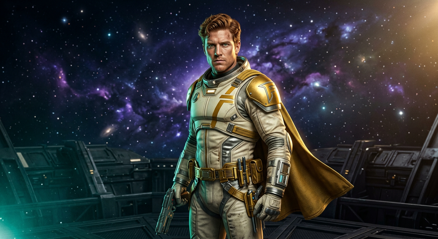 Portrait officiel de Captain Future, combinaison blanche et or
