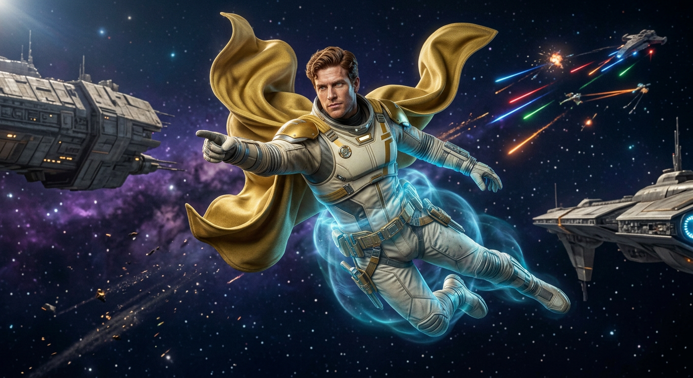 Captain Future en vol libre dans l'espace grâce au répulseur gravifique