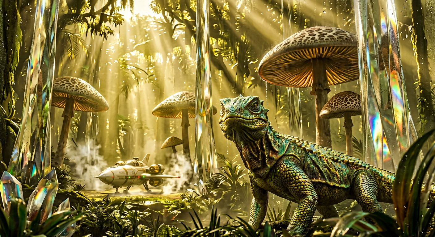 Jungle dorée de Vénus avec une créature semi-reptilienne