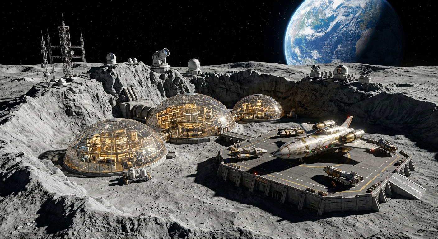 La base lunaire du cratère Tycho, dômes lumineux sous la Terre