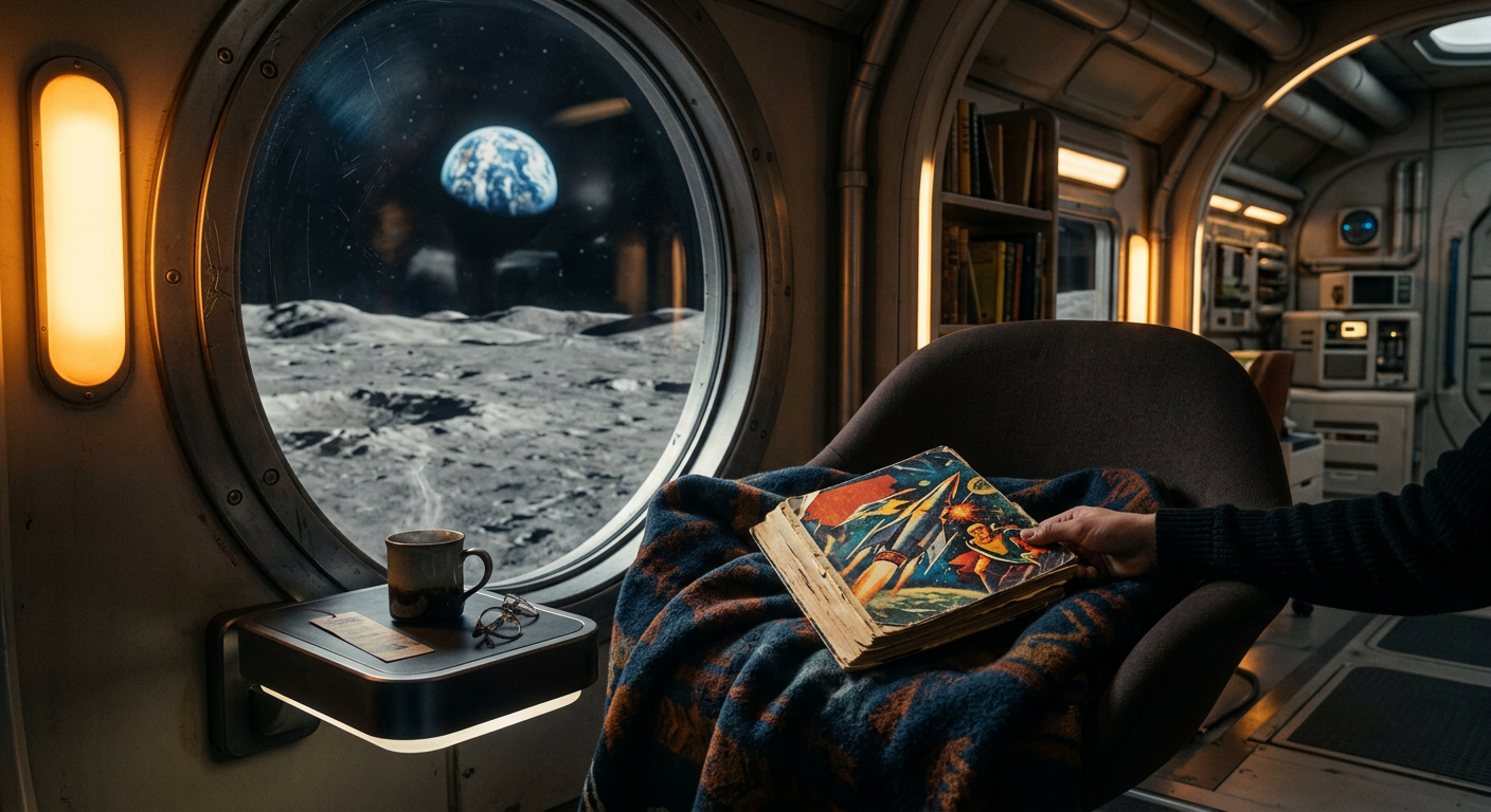 Coin lecture futuriste dans la base lunaire, un magazine pulp posé près du hublot