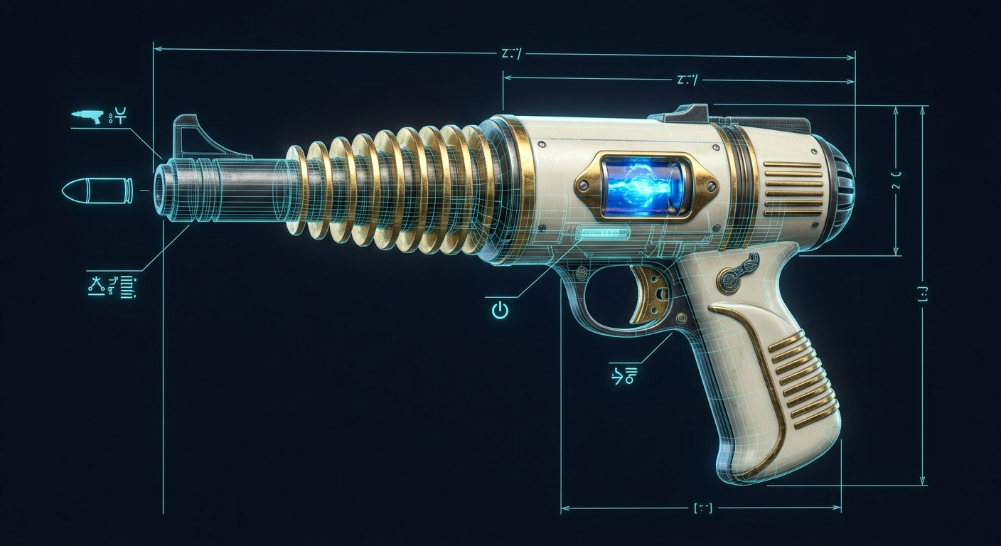 Rendu technique du désintégrateur rayonnant en surimpression de blueprint